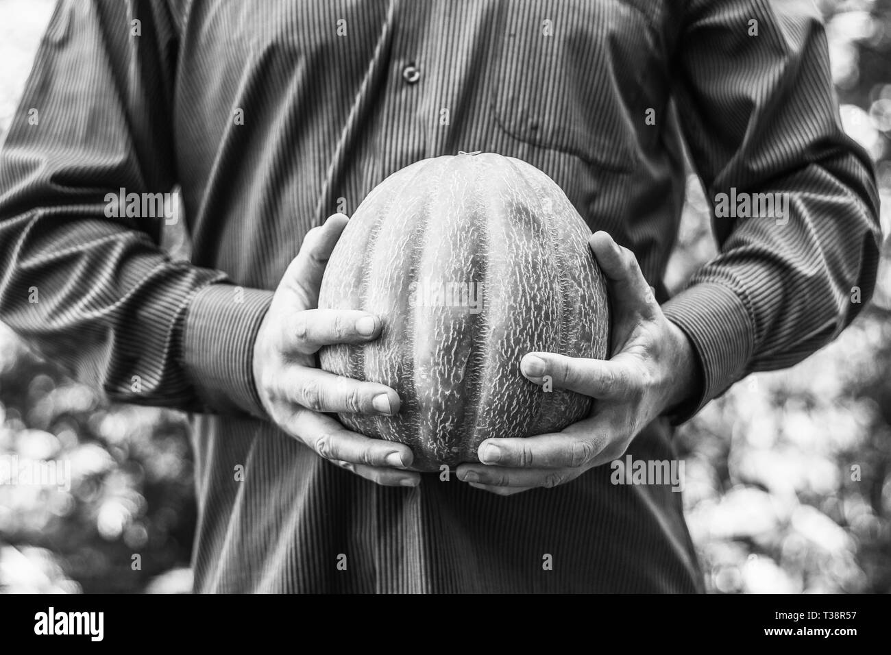 L'homme est maintenant un melon mûr, photo en noir et blanc Banque D'Images