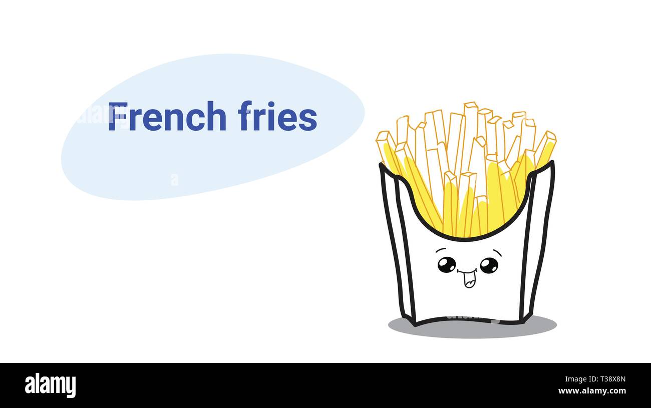 Cute hot potato gratuitement frites cartoon personnage comique avec sourire heureux fastfood délicieux style kawaii emoji classic american fast food concept Illustration de Vecteur