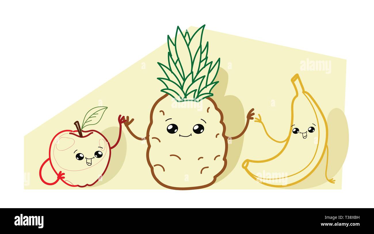 Apple et l'ananas banane cute cartoon bande dessinée personnages se tenant la main les visages de sourire heureux kawaii emoji style dessiné à la main les fruits alimentation saine con Illustration de Vecteur