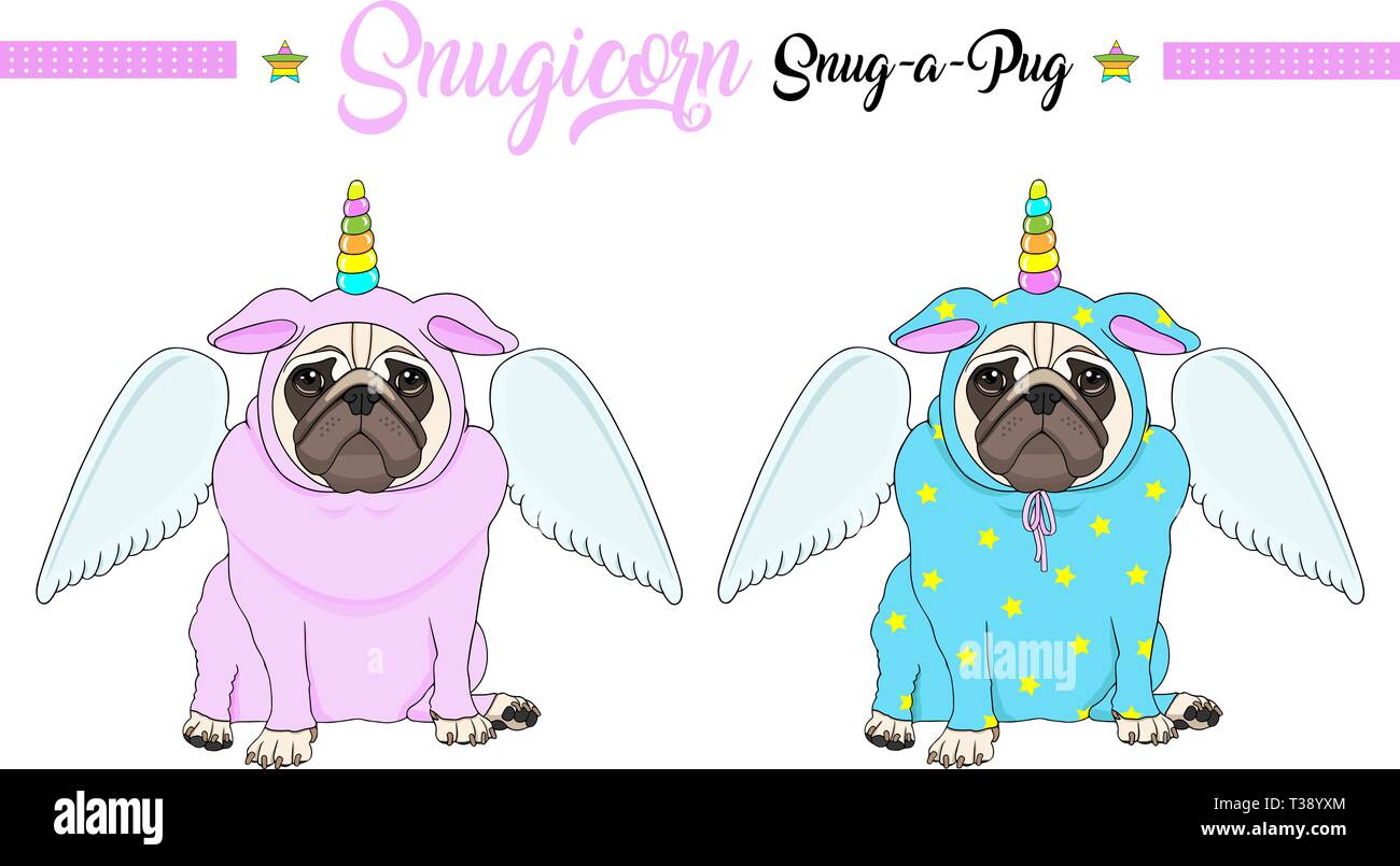 Vecteur mignon chiot pug chien assis, vêtu de bleu et rose avec corne de licorne avec des couleurs arc-en-ciel et d'ailes d'ange Illustration de Vecteur