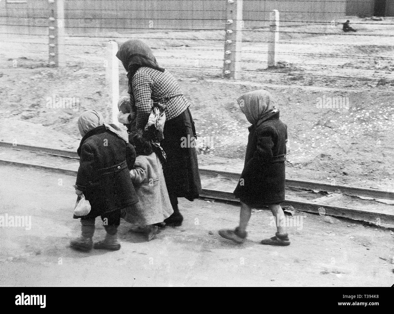 Femme hongrois et les enfants arrivent à Auschwitz-Birkenau, 1944 Banque D'Images