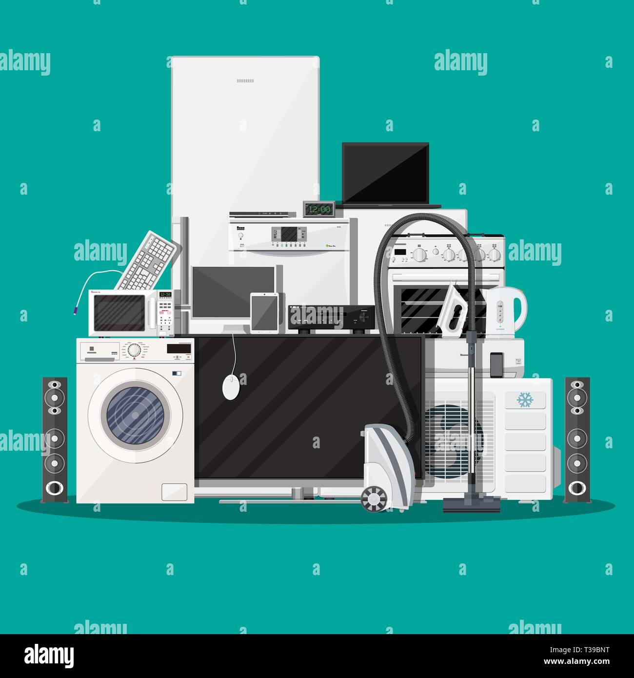 Les appareils électroménagers et appareils électroniques sur fond vert. vector illustration style de télévision Illustration de Vecteur