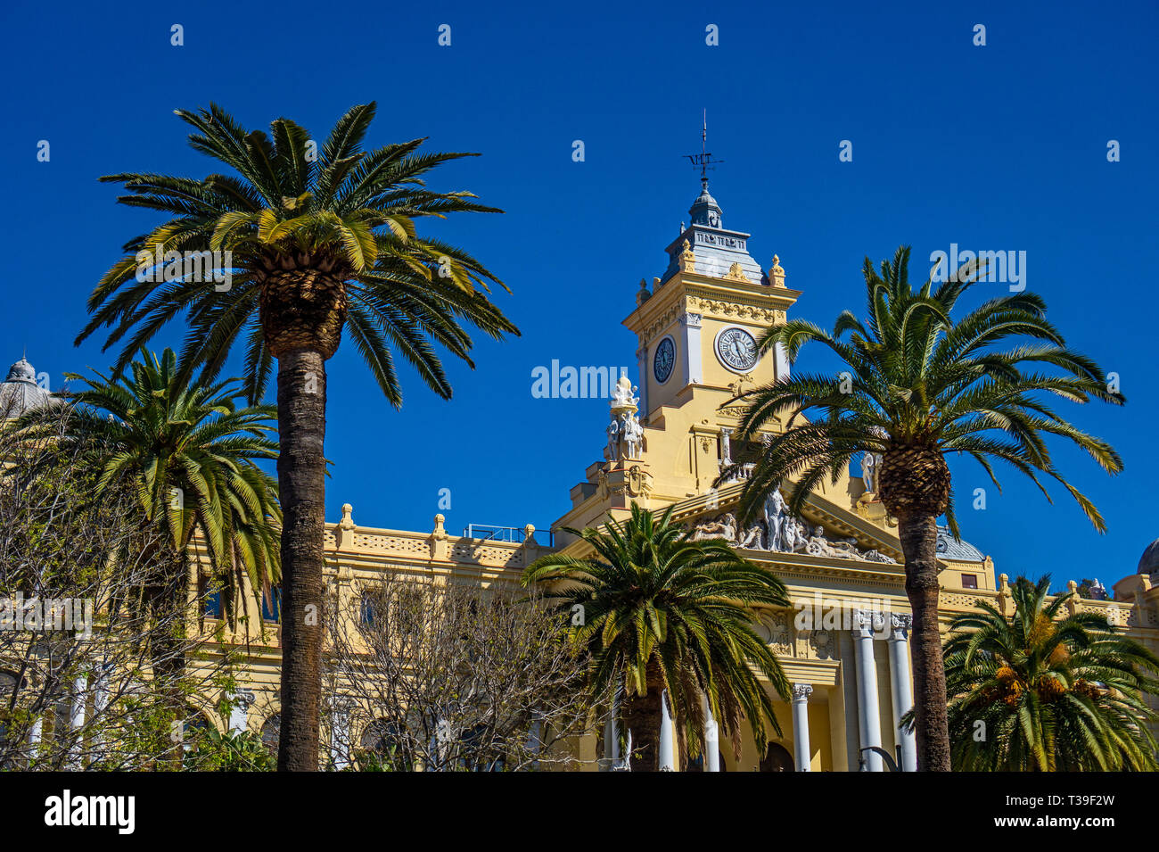 Façade du conseil de ville de Malaga avec palmiers verts, de l'Espagne. Ce bâtiment construit sur 1919, est inscrite depuis 2010 dans le cadre du patrimoine culturel de l'Inte Banque D'Images
