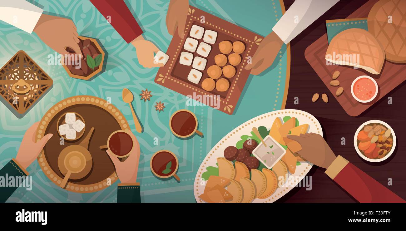 Célébration du Ramadan Iftar avec : réunion de famille à la maison et manger ensemble des recettes traditionnelles et de desserts Illustration de Vecteur