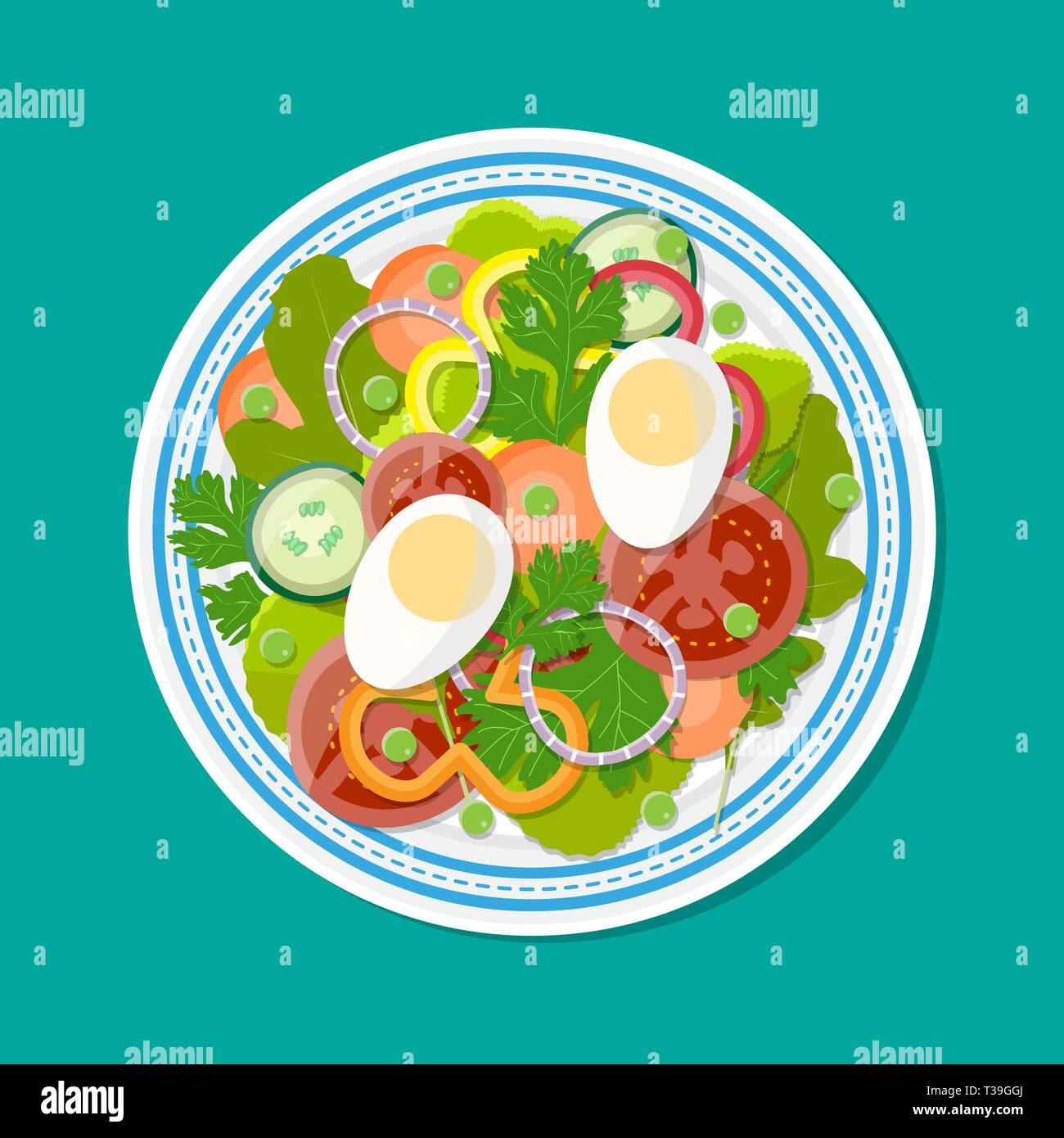 Salade de légumes frais avec l'oeuf sur plaque. vector illustration style de télévision Illustration de Vecteur