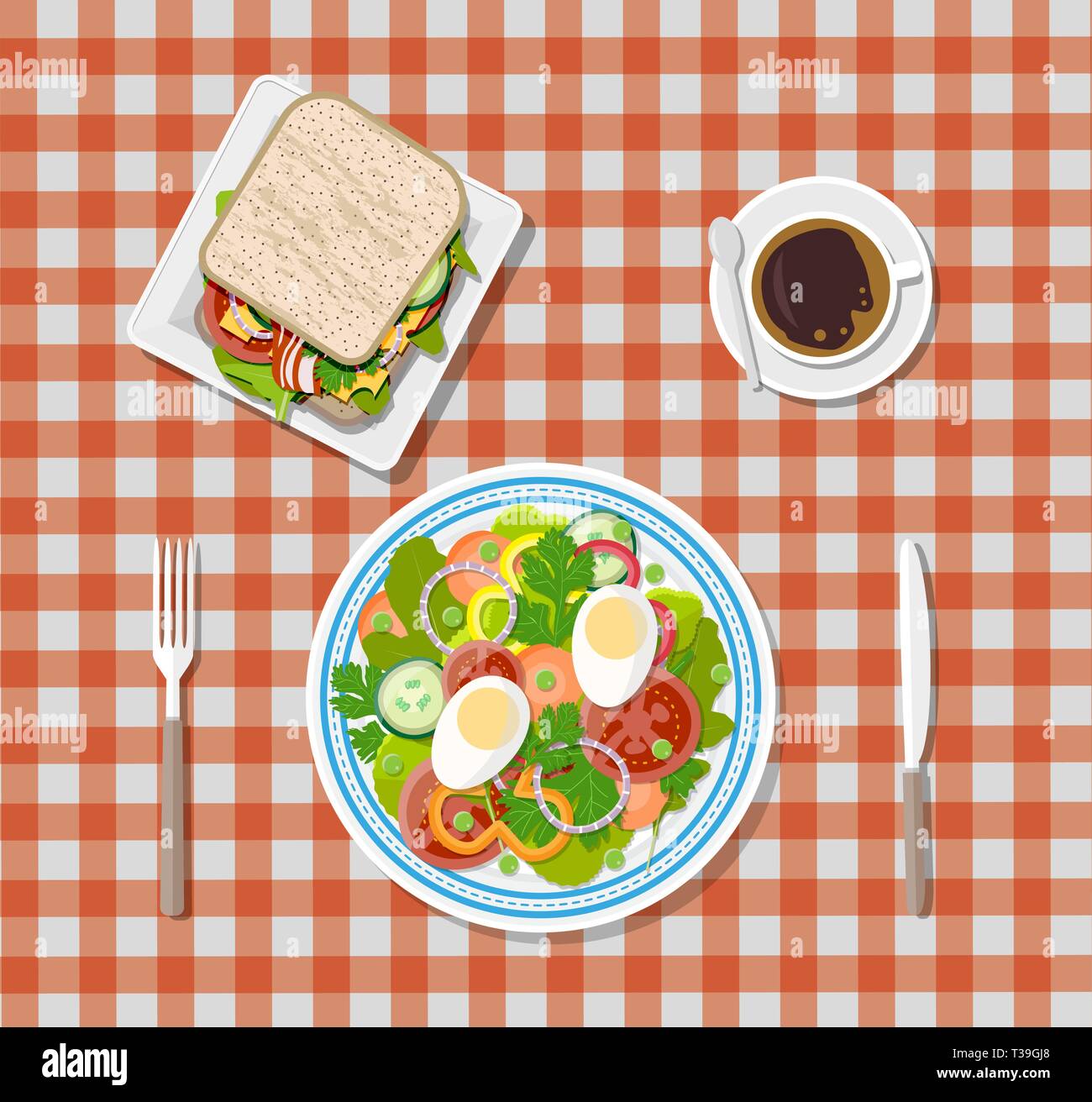 Salade, sandwich et café. plaques, fourchette et couteau. Le petit-déjeuner gratuit. vector illustration style de télévision Illustration de Vecteur