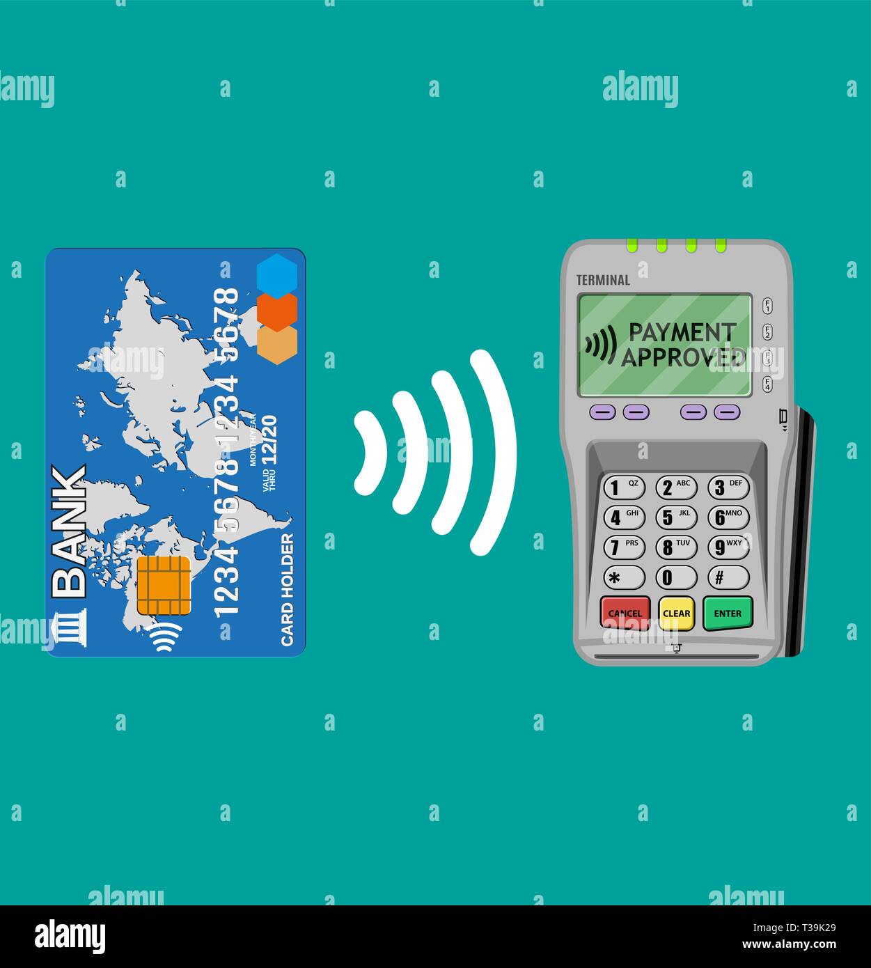 Terminal de Point de vente confirme le paiement par carte bancaire. Paiement NFC concept Vector illustration dans télévision design. Illustration de Vecteur