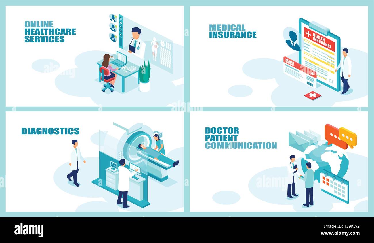 Soins de santé et la gestion des patients concept.vecteur isométrique jeu de collage en ligne pour l'assurance soins de santé services médicaux de diagnostic et d'imagerie docto Illustration de Vecteur