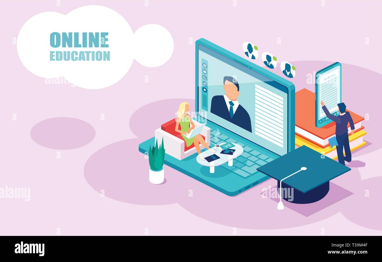 L'éducation en ligne et des cours de concept. Vecteur de personnes isométrique d'apprentissage Les élèves recevant des degrés d'université en utilisant les technologies modernes Illustration de Vecteur