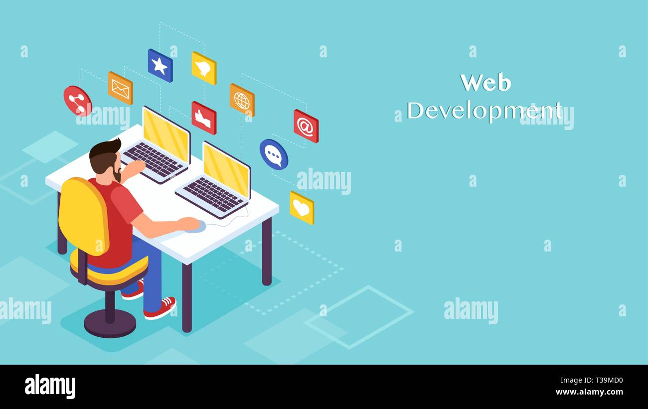 Concept d'ingénieur logiciel et développeur web. Vecteur d'emploi isométrique working on computer sitting at desk isolated on blue background Illustration de Vecteur