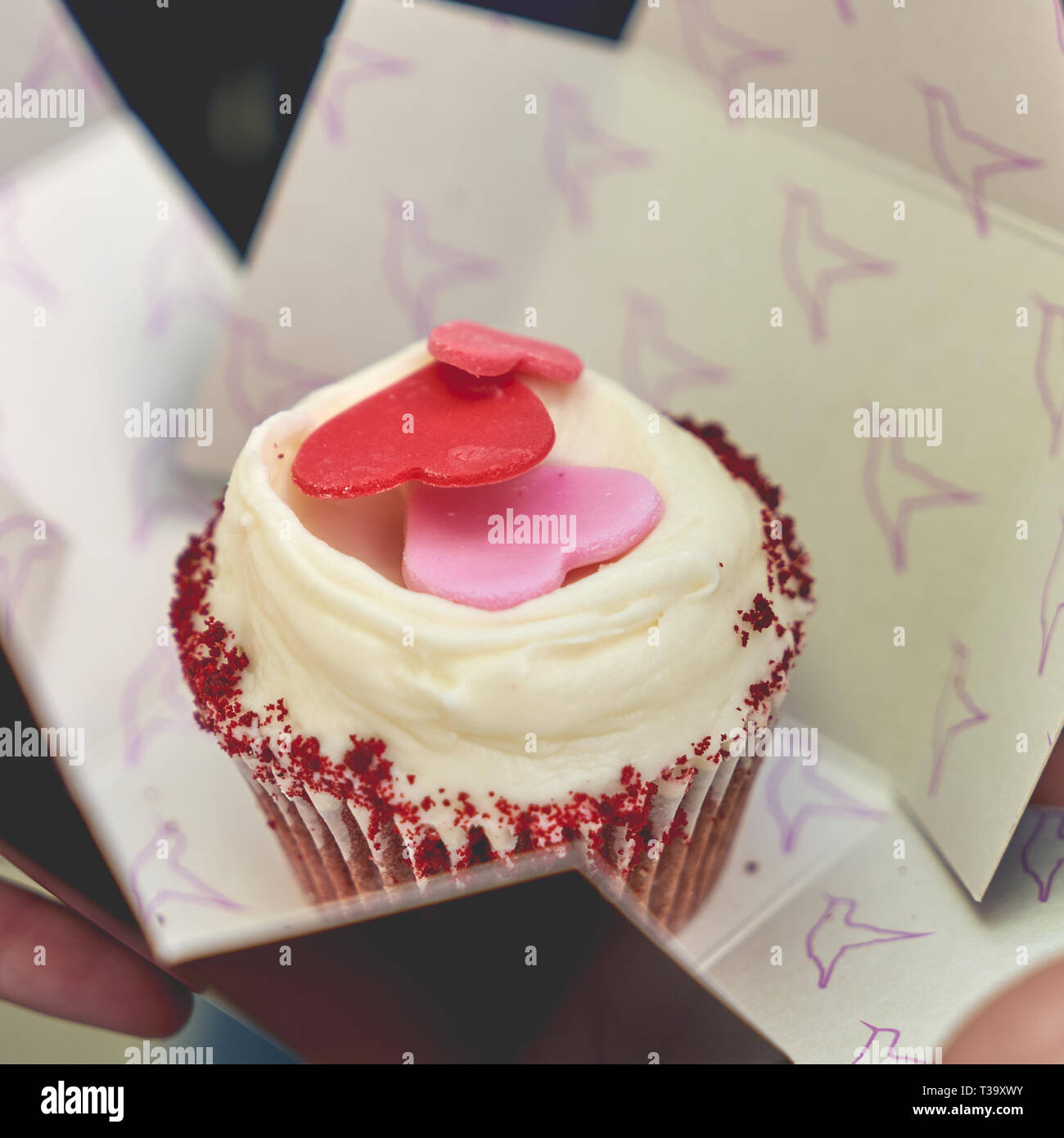 Un red velvet cupcake décoré avec des foyers de sucre dans une boîte. Format carré. Banque D'Images