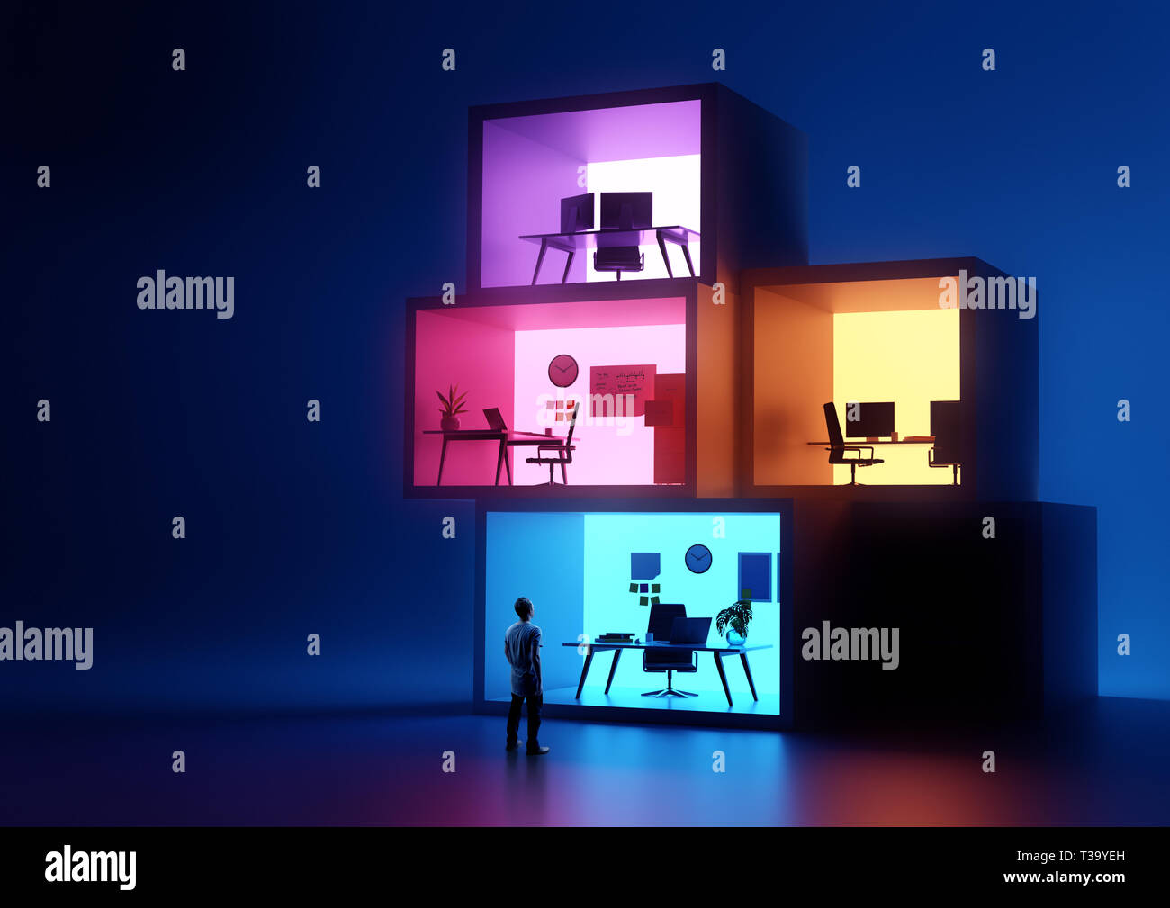 Un homme d'affaires à la recherche au bureau d'affaires empilées rougeoyant sur les lieux de travail. Les entreprises et les emplois concept. 3D illustration Banque D'Images