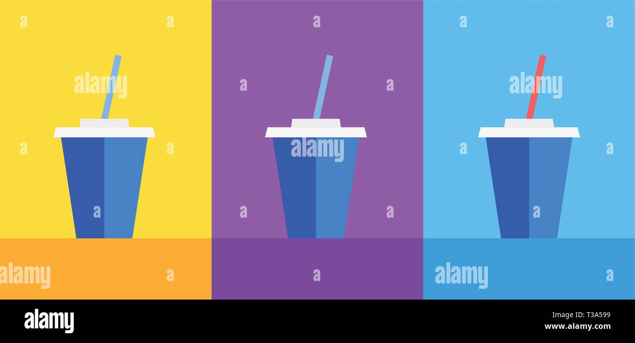De l'icône de tasse en plastique bleu avec Coca ou Ice Tea sur jaune, violet et bleu. Vector illustration pour la décoration de Cafe menu ou site Web. Illustration de Vecteur
