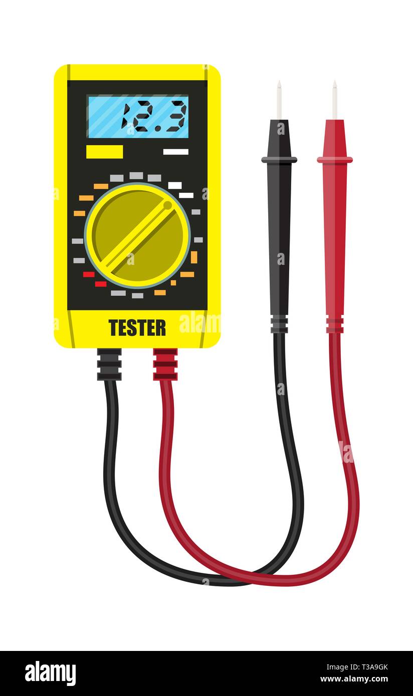 Multimètre numérique avec sonde de mesure. Appareil électrique. Test des tensions sur l'équipement électronique. Vector illustration style de télévision Illustration de Vecteur