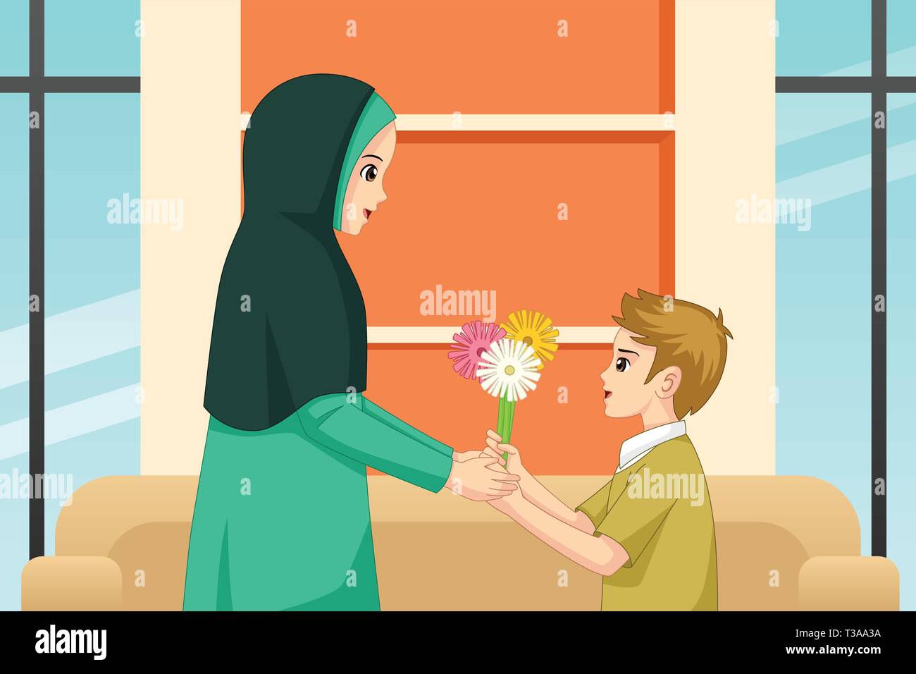 Un vecteur illustration de garçon musulman fleur donnant à sa mère Illustration de Vecteur