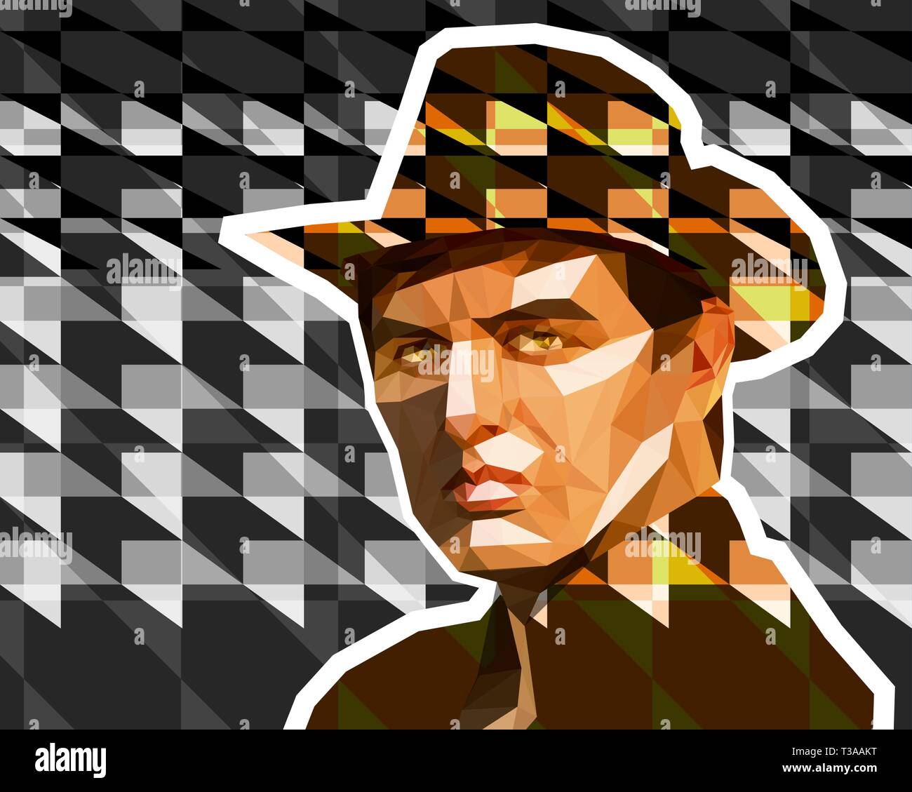 Un jeune homme dans un chapeau de cowboy est dessiné dans un polygone basse technique. Comme une illustration stylisée de l'ouest.L'image semble être visible à travers la vitre. Illustration de Vecteur