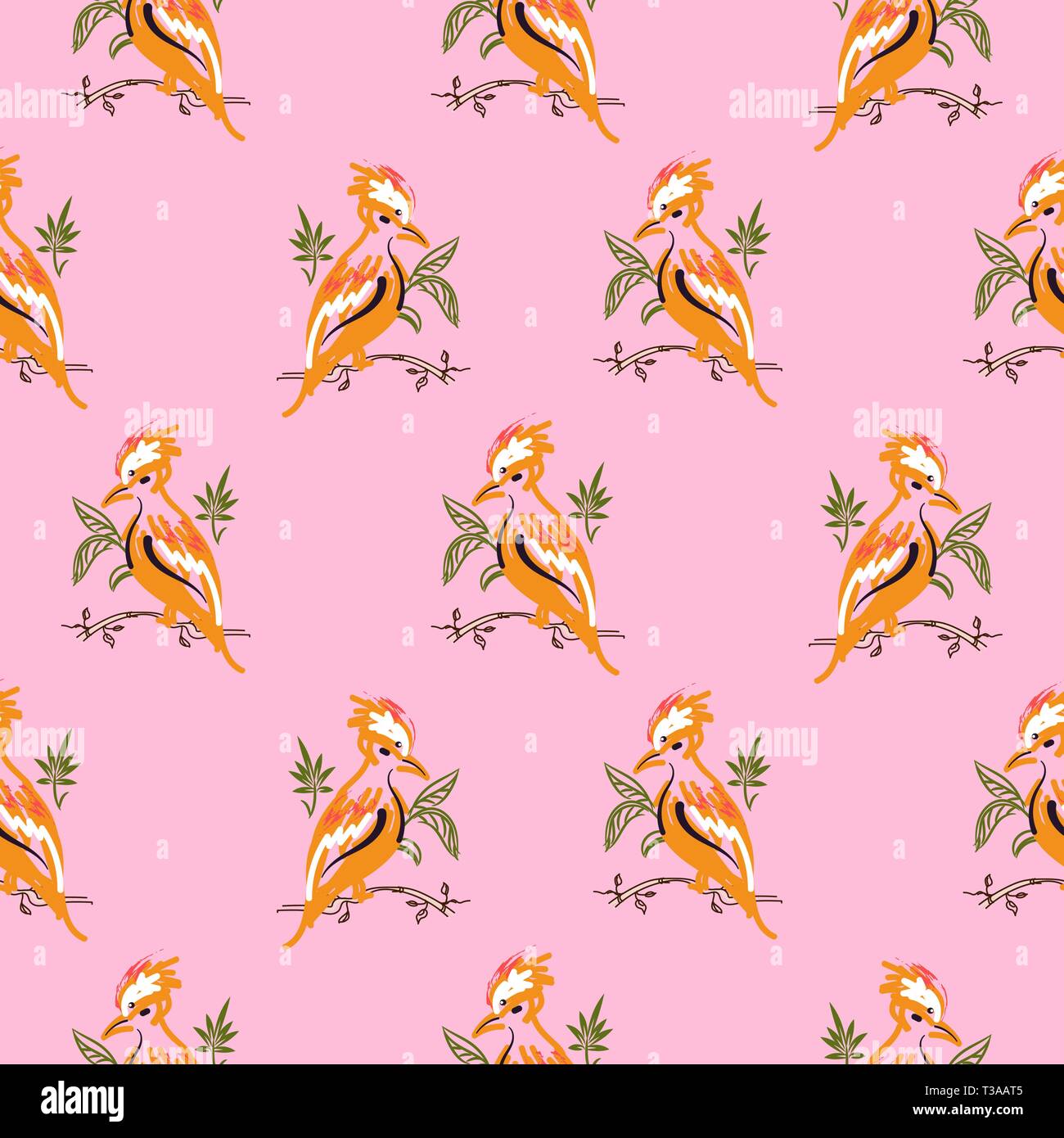 Les oiseaux exotiques modèle vectoriel continu orange sur fond rose. Illustration de Vecteur
