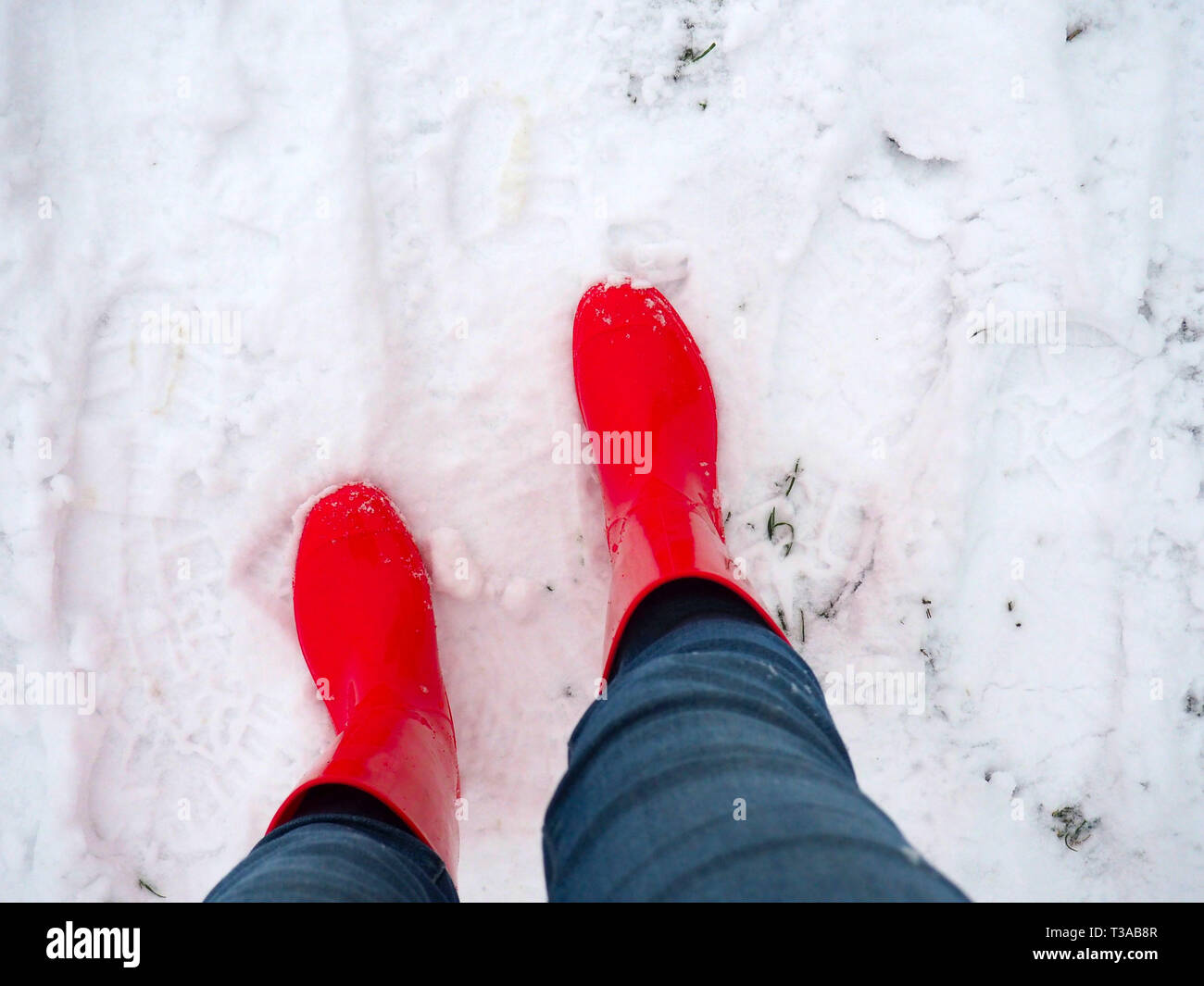 Wellies rouge dans la neige Banque D'Images