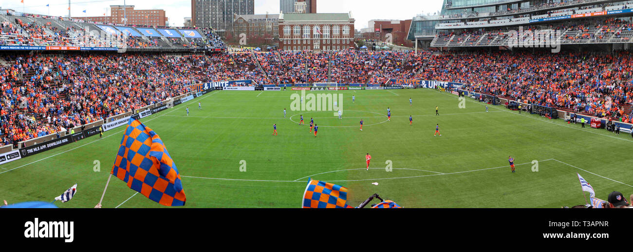 Cincinnati, Ohio, USA. Apr 7, 2019. La vue de la Bailey au début d'un match de soccer MLS FC entre Cincinnati et Sporting Kansas City à Nippert Stadium à Cincinnati, Ohio. Kevin Schultz/CSM/Alamy Live News Banque D'Images