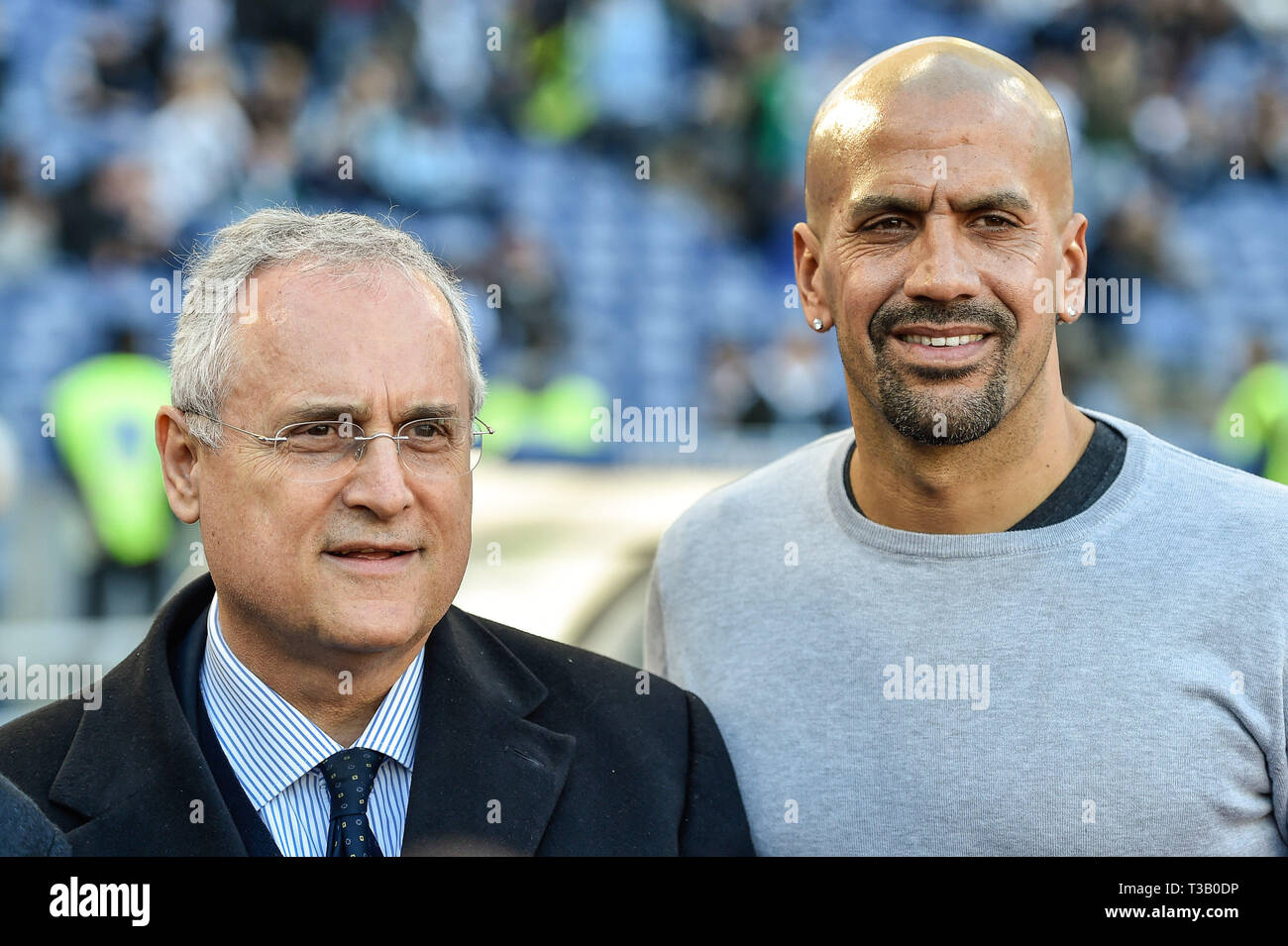 Rome, Italie. 07Th avr, 2019. Claudio Lotito propriétaire de SS Lazio et Juan Sebastian Veron SS Lazio ancien joueur pendant le match de Serie A entre le Latium et Sassuolo au Stadio Olimpico, Rome, Italie le 7 avril 2019. Photo par Giuseppe maffia. Credit : UK Sports Photos Ltd/Alamy Live News Banque D'Images