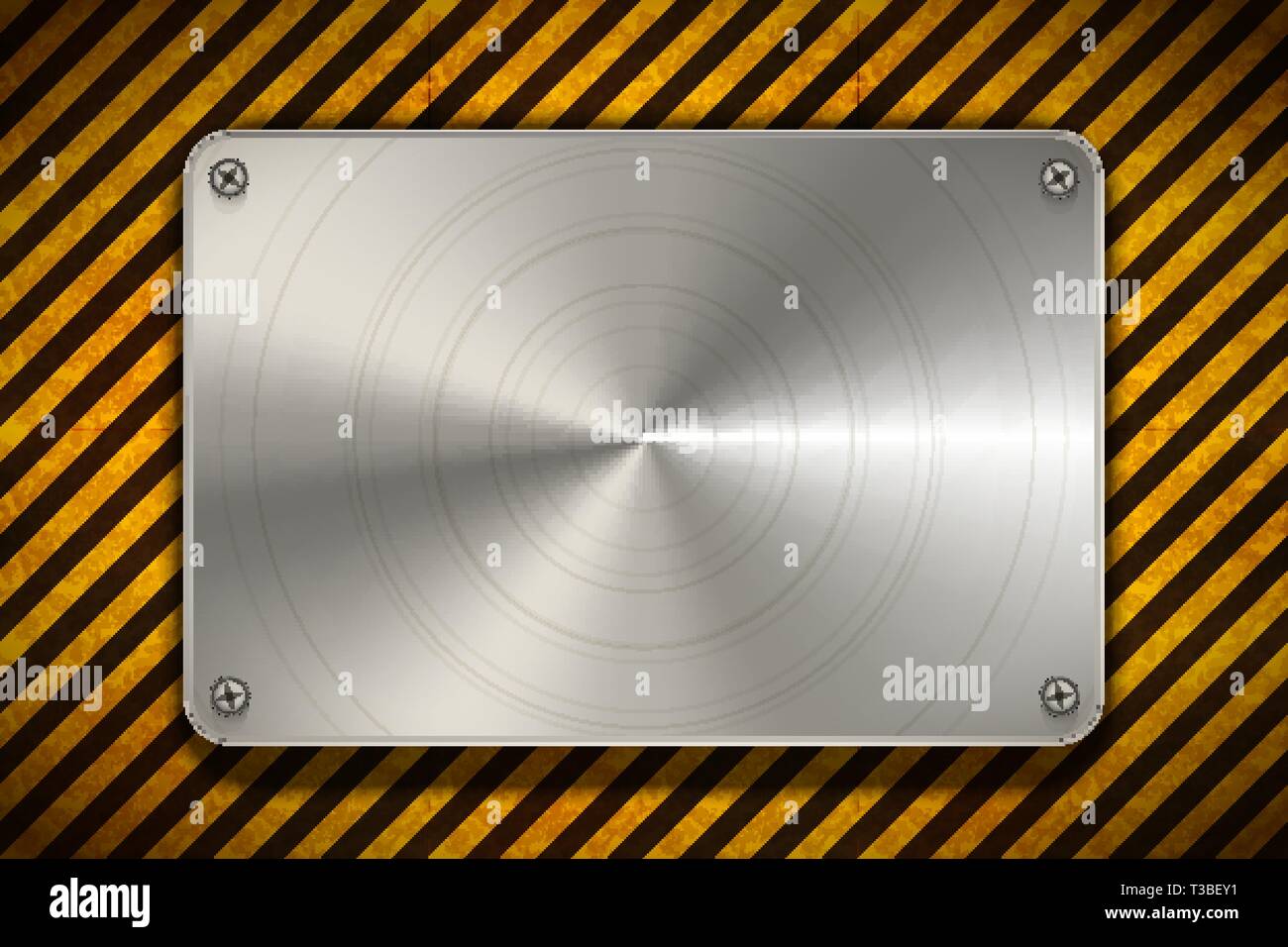 Panneau d'avertissement jaune et noir avec bandes blanches, la plaque de métal poli fond industriel Illustration de Vecteur