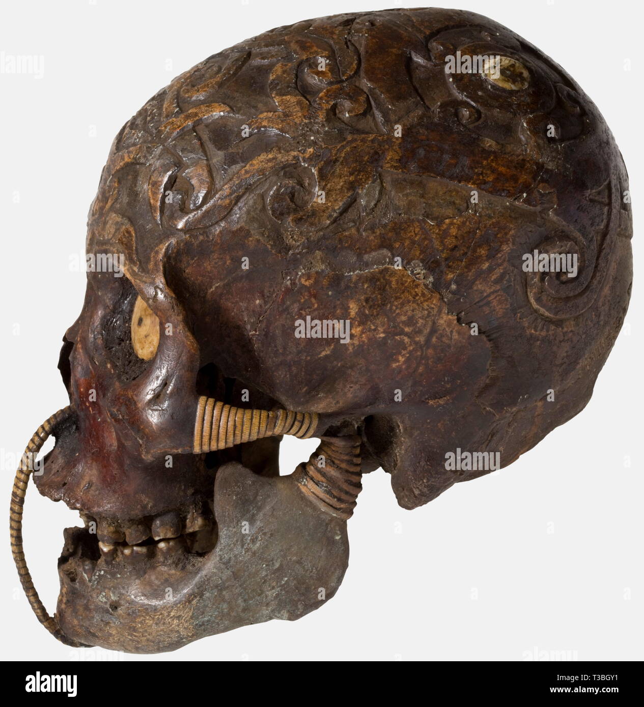 Un crâne trophée du Dayak, Borneo richement décorés du crâne, l'ensemble de la calotte entièrement sculptée d'ornements en relief, à l'os pariétal incrustations de coquillage à droite et à gauche. Les orbites fermées avec des coquillages. Le pot inférieur à l'aide d'un filet en rotin. L'ensemble crâne patiné fortement, quelques dents en moins, quelques parties avec de petites fissures. Hauteur 21 cm. Les Dayak sont la population indigène de l'île de Bornéo et comprennent plusieurs centaines de petits groupes ethniques, dont certains se différencier considérablement, Additional-Rights Clearance-Info-REG-Not-Available Banque D'Images