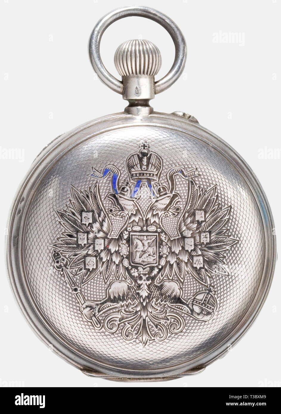 La savonnette d'argent avec l'aigle bicéphale russe, Pavel Bure, horloger de la Cour et fournisseur officiel de la maison du Tsar La couverture affiche le bleu émaillé partiellement (chiped) et noir aigle tsariste typique de Bure la qualité. Cadran émail blanc avec golden lancet mains. Des chiffres romains et arabes noirs et petite seconde. Fonctionnel, Jewelled, précision des roulettes. Bouchon anti-poussière gravée avec le numéro '11919'. Caractéristiques suisse '0875' et 'M D'Argent" avec l'Ours debout. Fabriqués en Suisse à l'ordre de Pavel Bure. Additional-Rights Clearance-Info, hist--Not-Available Banque D'Images