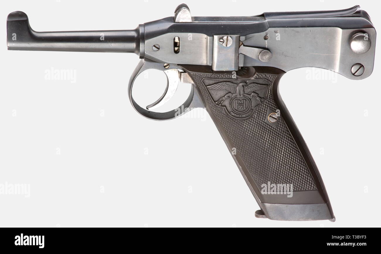 Un pistolet à chargement automatique Adler, vers 1906/07, cal. 7,25 mm Adler, no. 1178. Les numéros correspondants. Matt légèrement l'alésage. 8-shot. La preuve-marqué : double couronne/'U'. Haut à droite sur le fût bâti marqué 'Brevets Haeussler / ADLER WAFFENWERKE / Engelbrecht & Wolff'. Bleuissage complète avec des marques d'usure sur l'adhérence, tache sur le bas à droite. Les petites pièces poli blanc ou couleur trempés. Poignée en caoutchouc noir avec panneaux durs marque Adler/'MHZ' à l'intérieur du cercle pour permanent, Zella-St Hermsdorff Max. Blasii, les co-concepteur. Poignée gauche avec petite faille en haut, l', Additional-Rights Clearance-Info-Not-Available- Banque D'Images