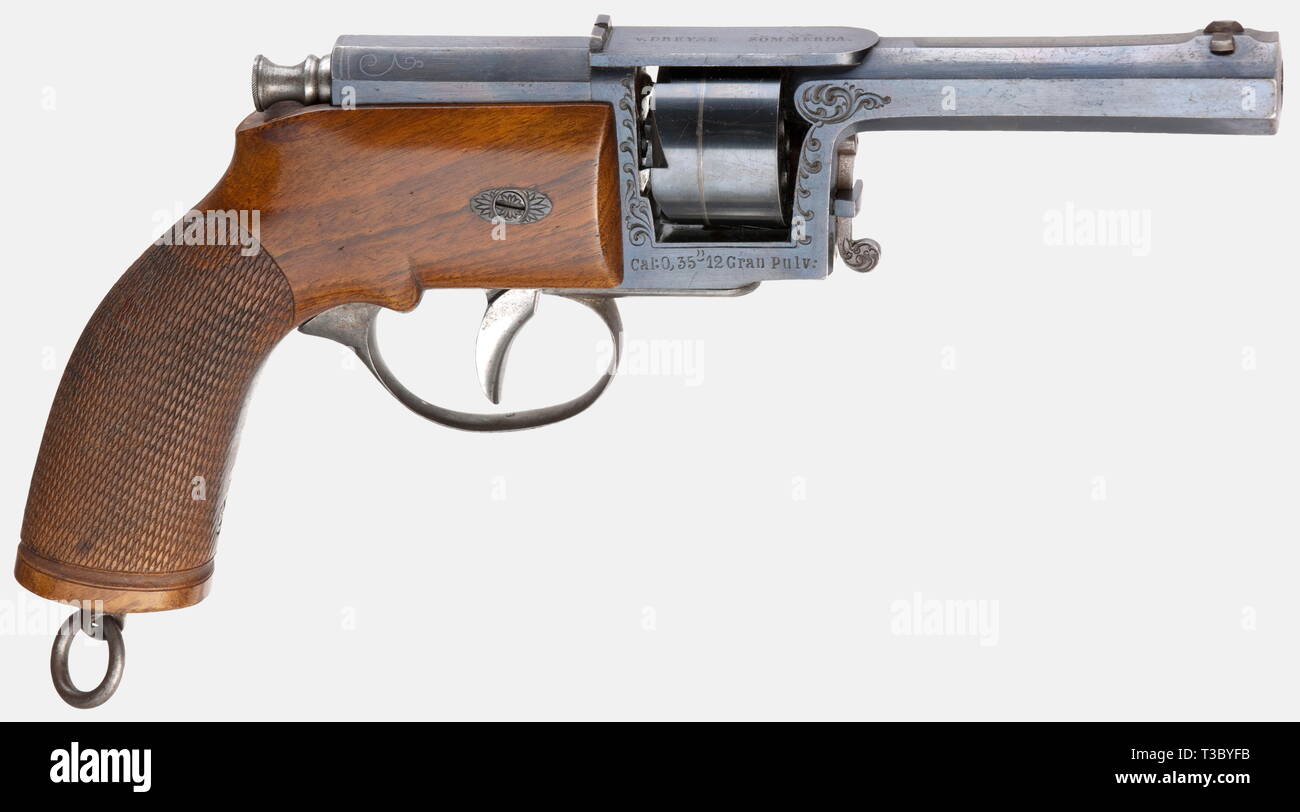 Une aiguille Dreyse-fire revolver, vers 1865, 0,35 cal. (Pouces prussien  = environ 9 mm), non. 3043. Les numéros correspondants. Lumineux, quatre-groove canon rayé, canon octogonal, longueur 100 mm. 6-shot. Pont sur le châssis marqué 'c. SÖMMERDA DREYSE', en bas à droite sur le châssis 'Cal : 0,35-12 Gran Pulv :'. Racine du fourreau, frame et pontet à vigne simple gravure. Le logement de la vis avec incrustation d'argent. Original complet noir bleuâtre, très poli, très peu repéré, plus encore sur l'avant du cylindre, poignée de rotation avec mark. Pontet couleur faiblement trempés. Additional-Rights Clearance-Info, Tri--Not-Available Banque D'Images