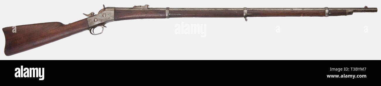 Un fusil Remington Rolling block, calibre 50/70. Dénoyautées et sale, le  timbre "Remington & sons Ilion N.Y. Décembre 8,1863 brevets nov. Janvier  15,1864 3,1865', le numéro de série illisible. Stock utilisé, pas
