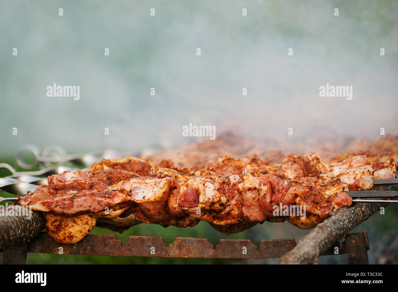 Délicieux barbecue au charbon de bois sur la piscine en plein air sur les brochettes de viande.est prêt pour la cuisson sur le feu. Banque D'Images