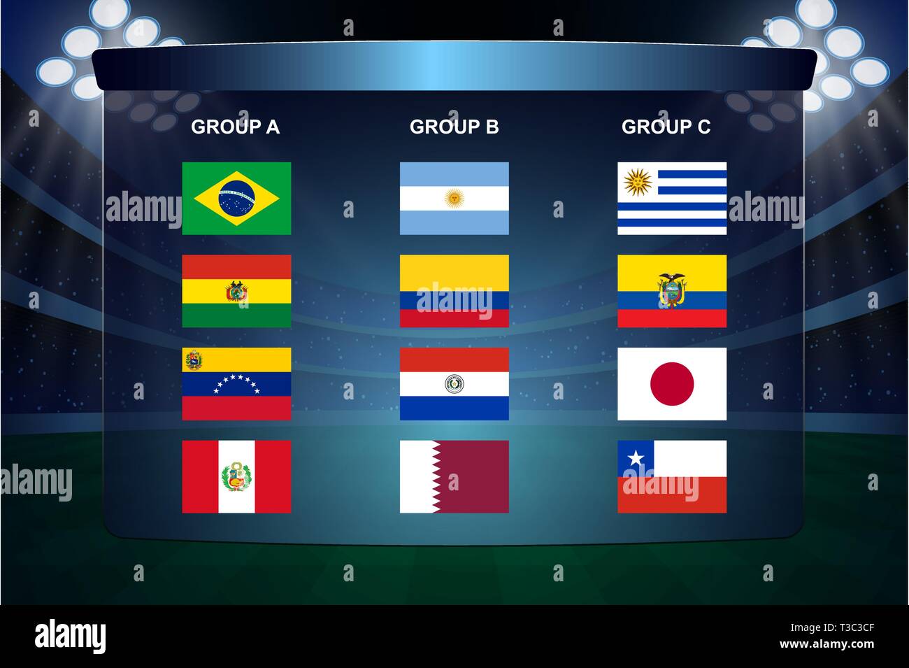 Amérique du Sud soccer cup des groupes. Tous les drapeaux Illustration de Vecteur