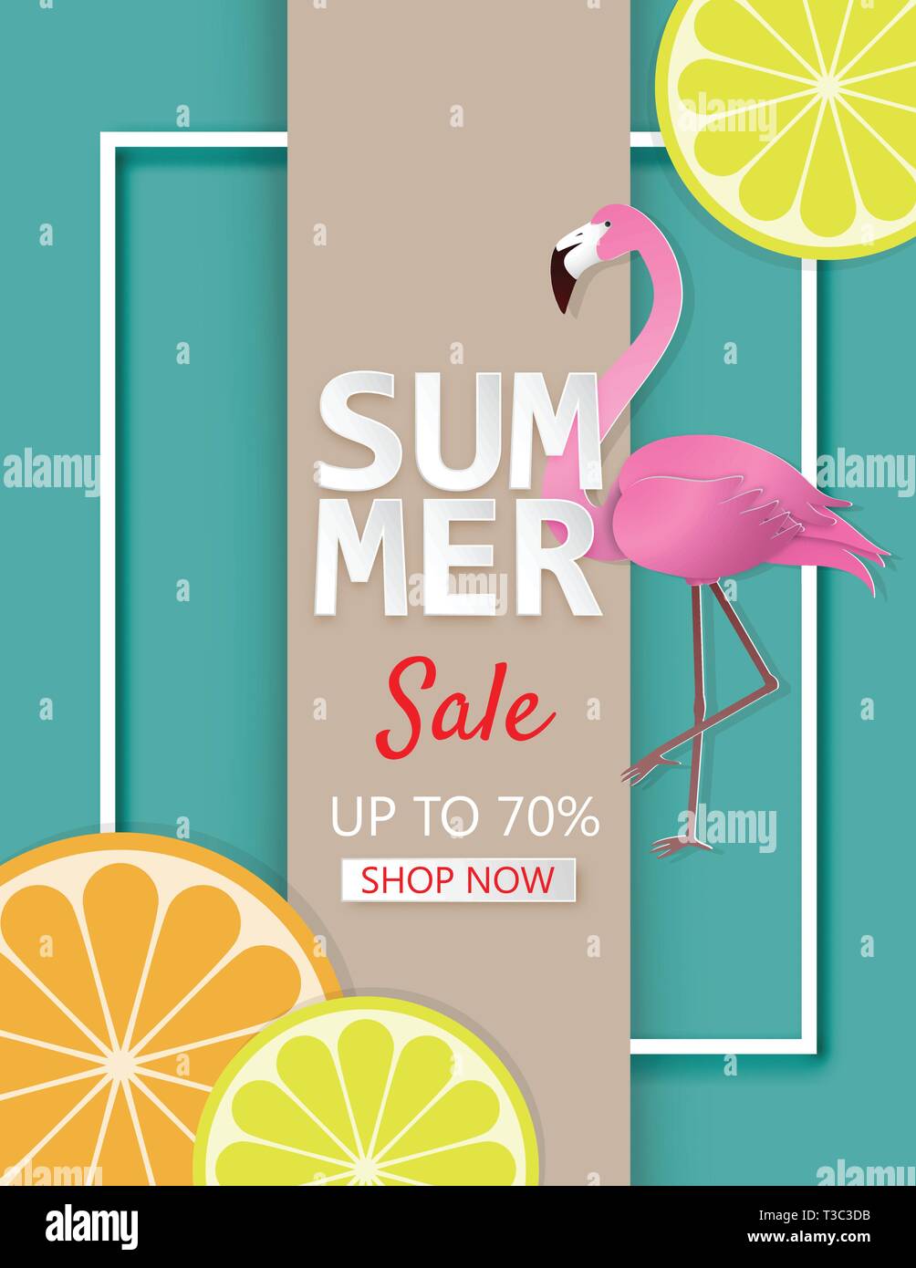 Illustration créative de l'été vente bannière avec citron, orange et flamingo oiseau en papier coupé style. Poster, bannière, publicité, papier peint, carte postale, fl Illustration de Vecteur
