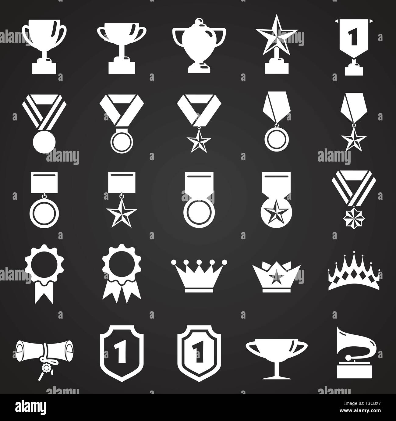 Awards icons set sur fond noir pour la conception graphique et web. Vecteur simple signe. Concept Internet symbole de bouton site web ou application mobile. Illustration de Vecteur