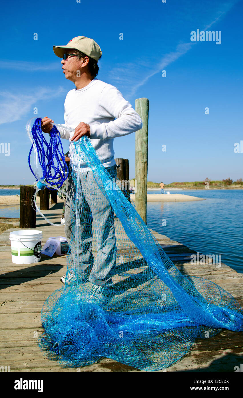 Un homme se prépare à lancer un épervier pour pêcher dans Bayou La Batre, Alabama, le 23 novembre 2012. Banque D'Images