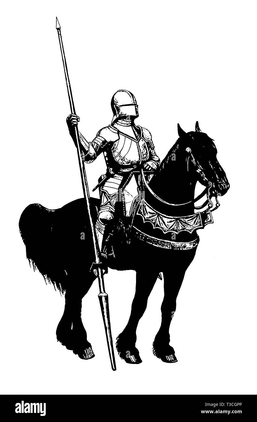 Chevalier blindé illustration. Chevalier à cheval dessin noir et blanc isolé. Banque D'Images