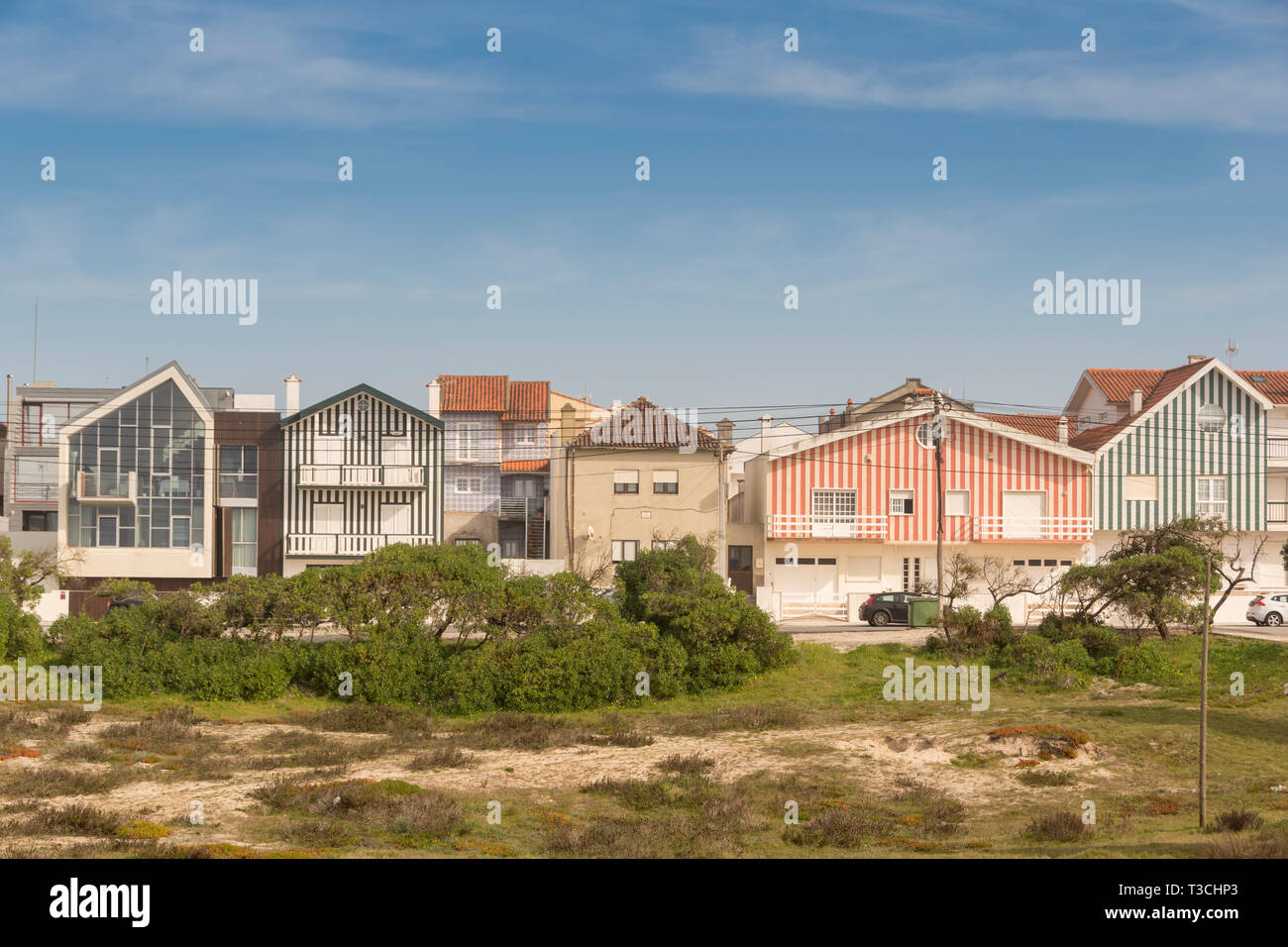 Les maisons de plage à rayures bonbon de Costa Nova, Aveiro, Portugal Banque D'Images