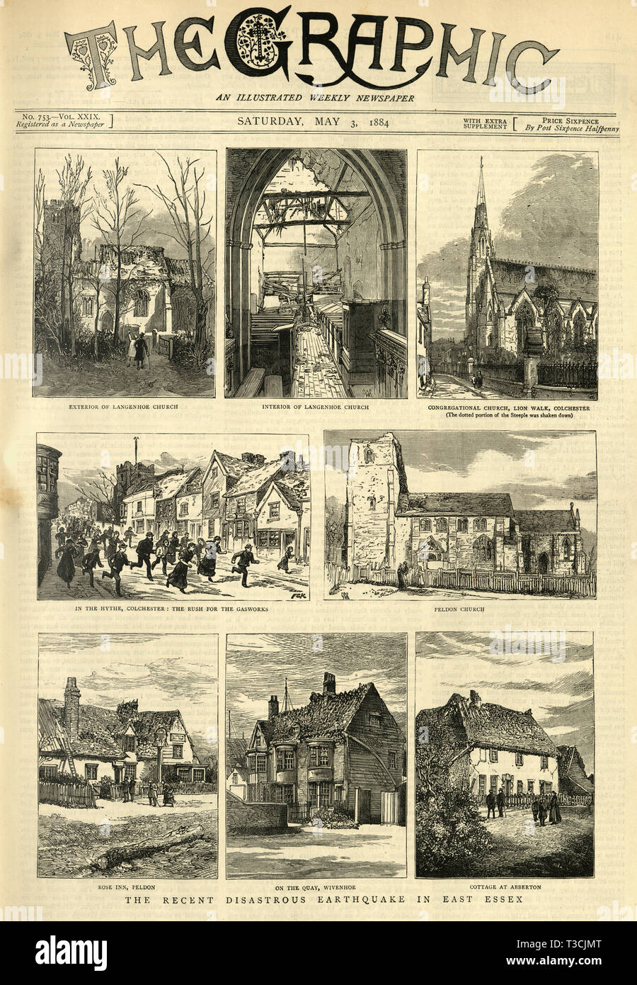 Le journal de frontpage Graphique 3 mai 1884, le récent séisme dans la région de East Essex disatrous, dommages à Langenhoe Église. Le tremblement de Colchester, aussi connu comme le grand séisme de l'anglais, eut lieu le matin du 22 avril 1884 à 09:18. Il a causé des dommages considérables à Colchester et les villages environnants dans l'Essex. Banque D'Images