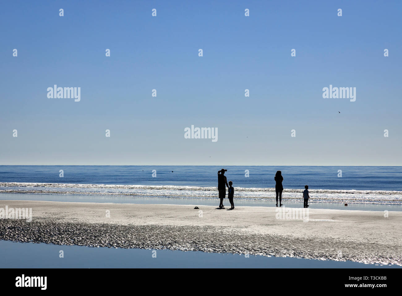 Silouette d'une jeune famille sur une plage. Banque D'Images