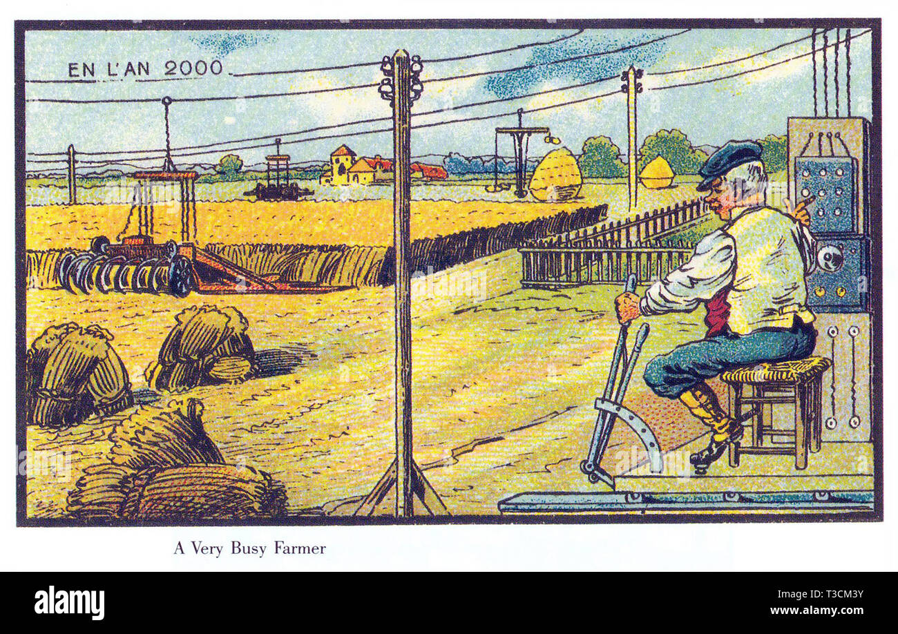 Au cours de l'année 2000 Série d'illustrations publiés en français entre 1899 et 1910 montrant les progrès technologiques imaginaires.la récolte automatisée. Banque D'Images