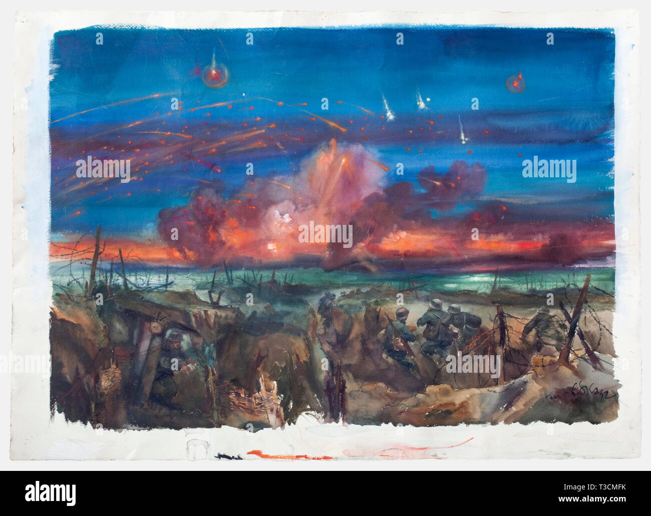 Hans Liska (1907 - 1983), Préparation d'artillerie Technique mixte sur carton. Genre la représentation de la dernière minutes avant une attaque de nuit. Le ciel noir illuminé par des fusées éclairantes et des obus sur territoire ennemi détonant. Une unité d'infanterie lance la préparation pour l'attaque dans une tranchée protégées par des barbelés au premier plan. Signé en bas à droite 'Hans Liska'. Les trous de montage. Taille de la photo 79 x 57 cm. Hans Liska a étudié sous Löffler à l'École des Arts Appliqués de Vienne et a été Prätorius's élève à l'École des Arts Appliqués de Munich en 1932, il a commencé à travailler comme illustrateur de journaux , Editorial-Use-seulement Banque D'Images