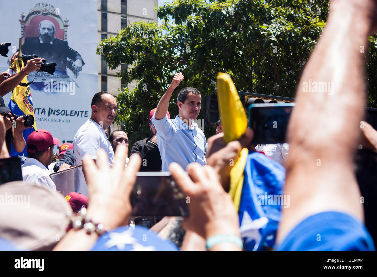 Juan Guaidó, président de l'Assemblée nationale du Venezuela et l'auto-proclamé Président par intérim du Venezuela, a prononcé un discours lors d'une manifestation de protestation. Banque D'Images