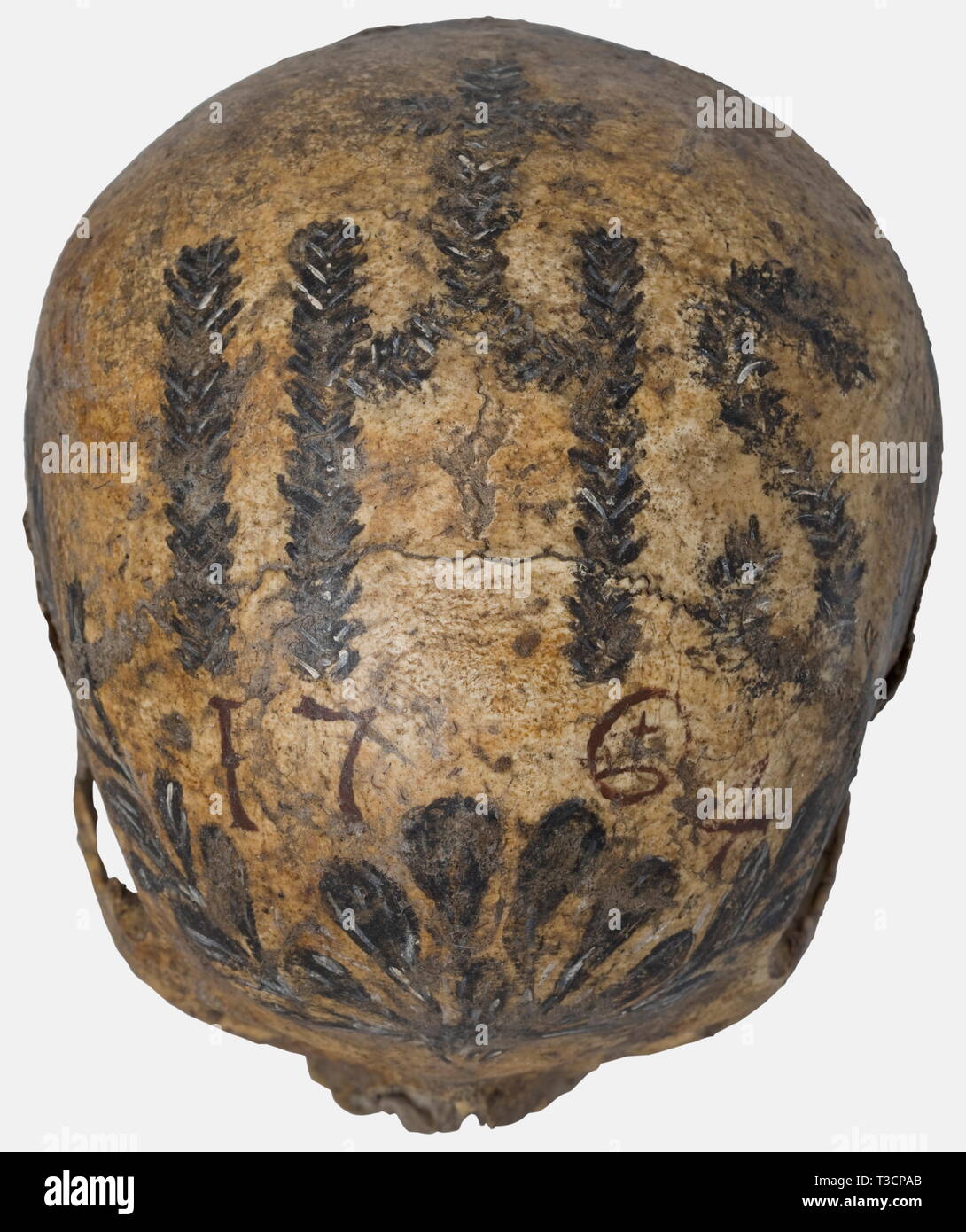 Un ossuaire du crâne, l'allemand ou autrichien, datée du 1764 crâne féminin sans mâchoire inférieure. Le calot avec différentes couleurs de peintures. Sur la couronne le christogram "IHS", la date '1764' en face de cela. Couronne de feuillage environnant. Hauteur 14,5 cm., historique, historique du 18e siècle, Artisanat, Artisanat, Artisanat, objet, objets, alambics, clipping, coupures, cut out, cut-out, cut-outs,-Additional-Rights Clearance-Info-Not-Available Banque D'Images