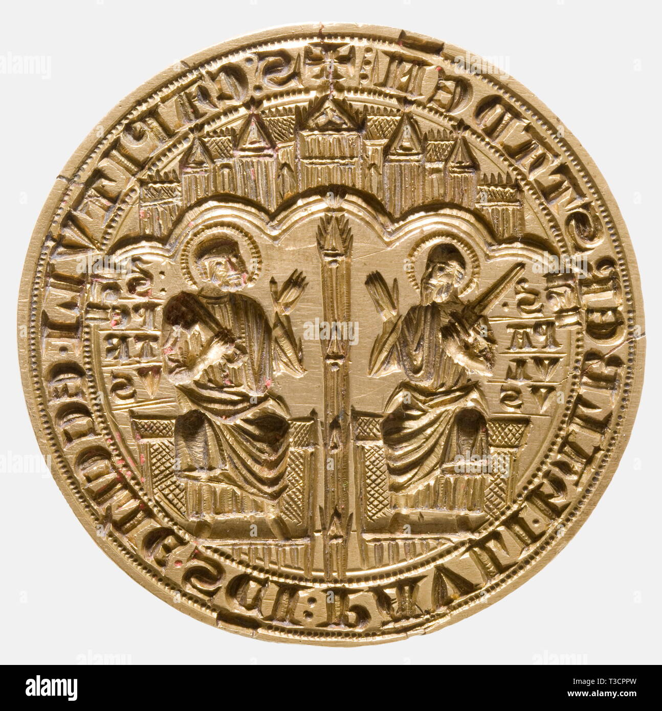 Un monastère roman, joint Hadmersleben, 11e/12e siècle circulaire, profondément creusée matrice avec l'inscription centrale des Saints Paul et Pierre assis intronisé, derrière eux un monastère complexe. L' circonscription(IGILUM):CAPITULI.ECCLIE.sci.HALBERSTADEN:PAULI". La face inférieure à dos étroit et la boucle. La matrice légèrement pliés, deux petites fissures au bord. 70 mm de diamètre. Le monastère bénédictin Saint Pierre et Paul a été fondée en 961 par l'évêque de Hadmersleben Bernhard von Halberstadt, historique historique., 12e siècle, 11e siècle, , Additional-Rights Clearance-Info-Not-Available- Banque D'Images