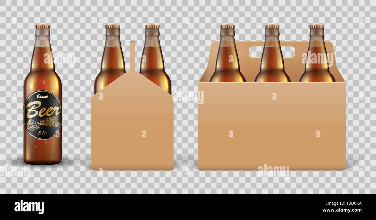 Ensemble réaliste de bouteille de bière en verre dans la boîte d'emballage sur fond transparent. Maquette de bière pour le design de marque de pub ou de bar. Vecteur Illustration de Vecteur