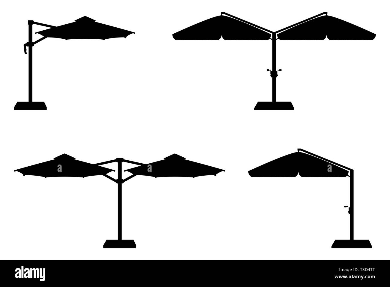 Grand parasol pour bars et cafés sur la terrasse ou la plage contour noir silhouette vector illustration isolé sur fond blanc Banque D'Images
