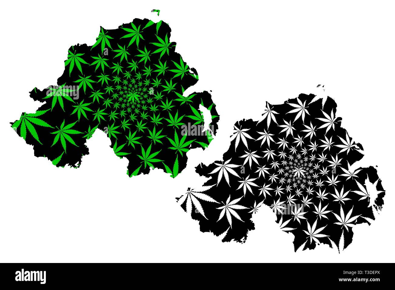 L'Irlande du Nord - carte feuille de cannabis est vert et noir, l'Irlande du Nord Carte de marijuana, THC) feuillage, Illustration de Vecteur