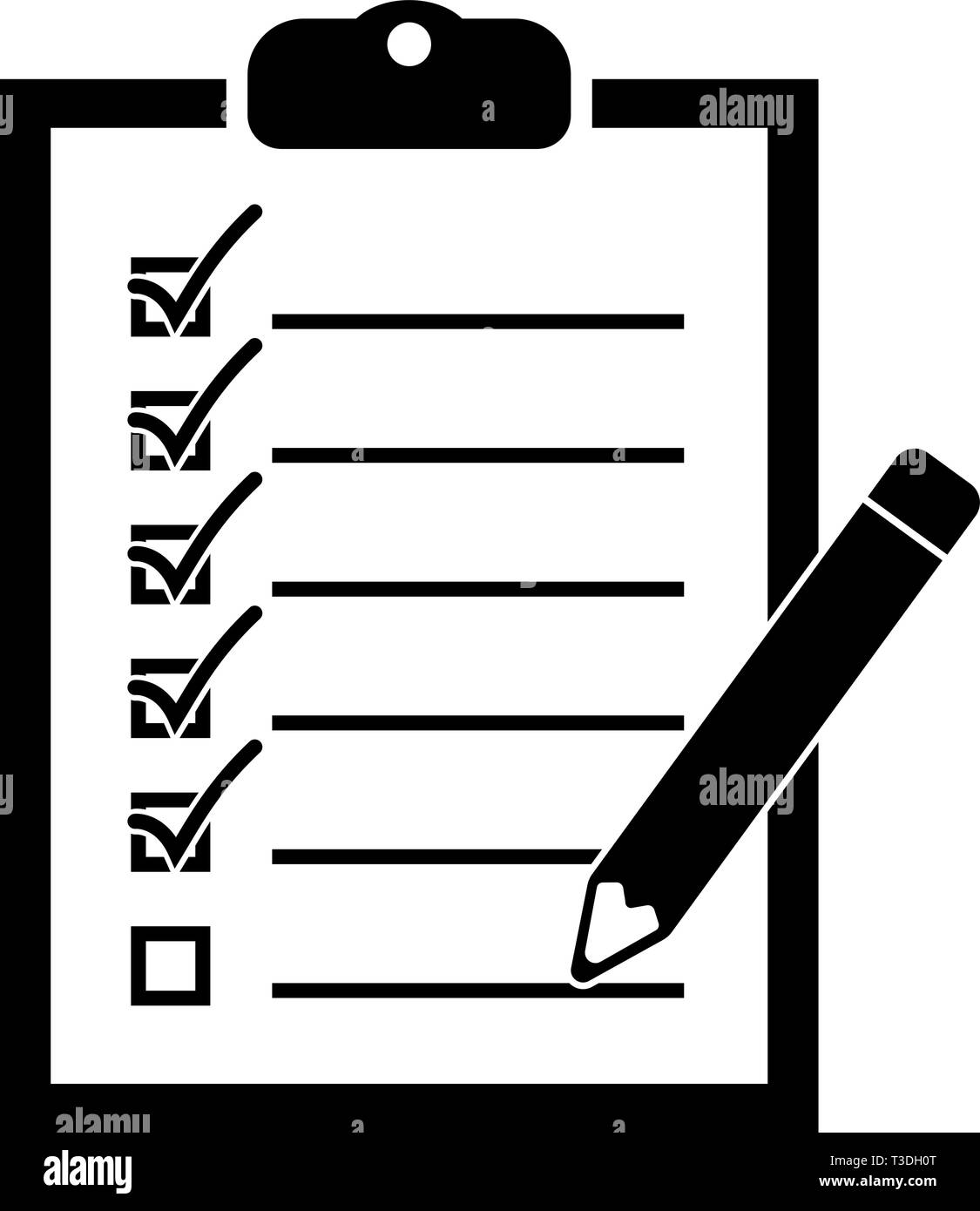 Noir et blanc plat simple liste de contrôle sur l'icône presse-papiers Illustration de Vecteur