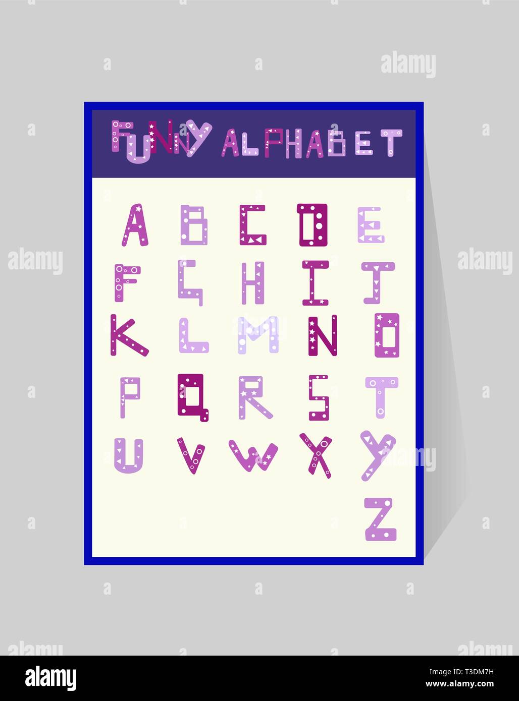 Alphabet rigolo pour les enfants. La conception de l'APA avec un motif géométrique. Vector cartoon lettres violet sur fond blanc. Cute illustration pour enfants. Illustration de Vecteur