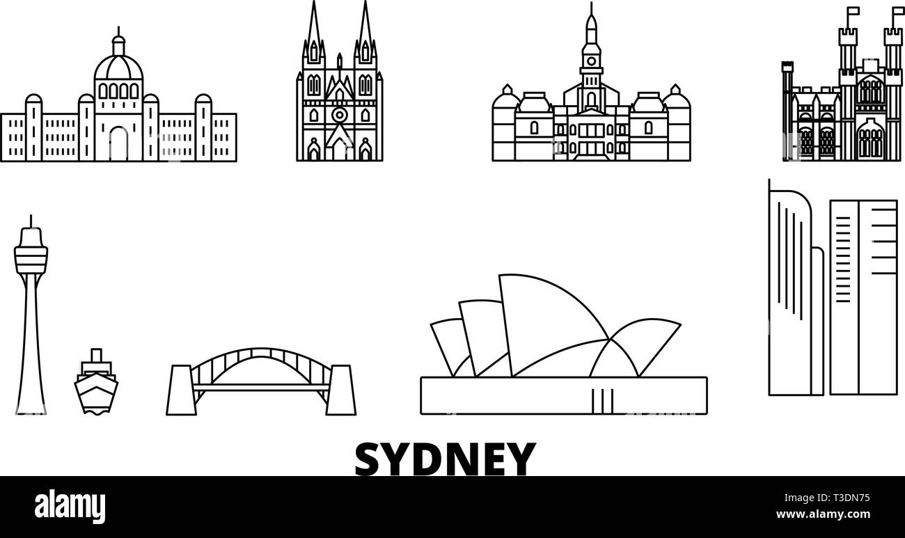 L'Australie, Sydney skyline voyages en ligne. L'Australie, Sydney ville contour vector illustration, symbole de voyage, sites touristiques, monuments. Illustration de Vecteur